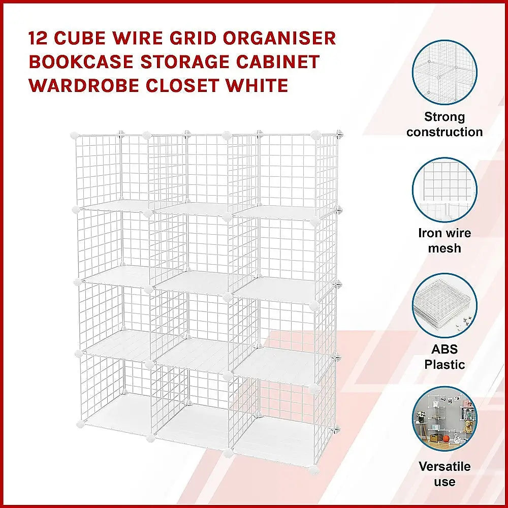 12 Cube Wire Grid Organiser Bookcase Storage Cabinet Wardrobe Closet White - Furniture > Office