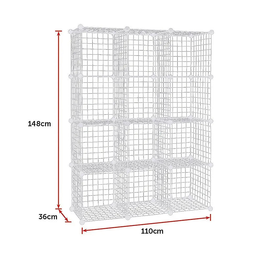 12 Cube Wire Grid Organiser Bookcase Storage Cabinet Wardrobe Closet White - Furniture > Office