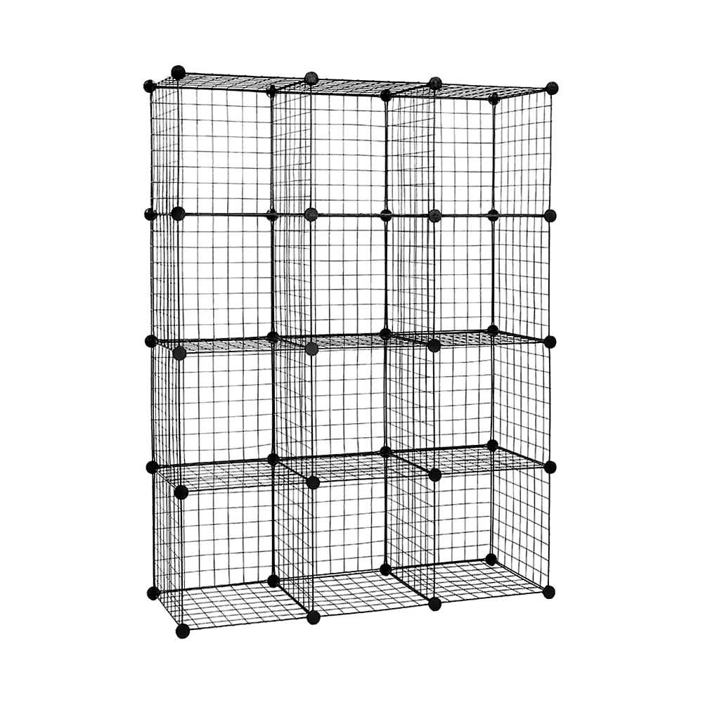 12 Cube Wire Grid Organiser Bookcase Storage Cabinet Wardrobe Closet Black - Furniture > Office
