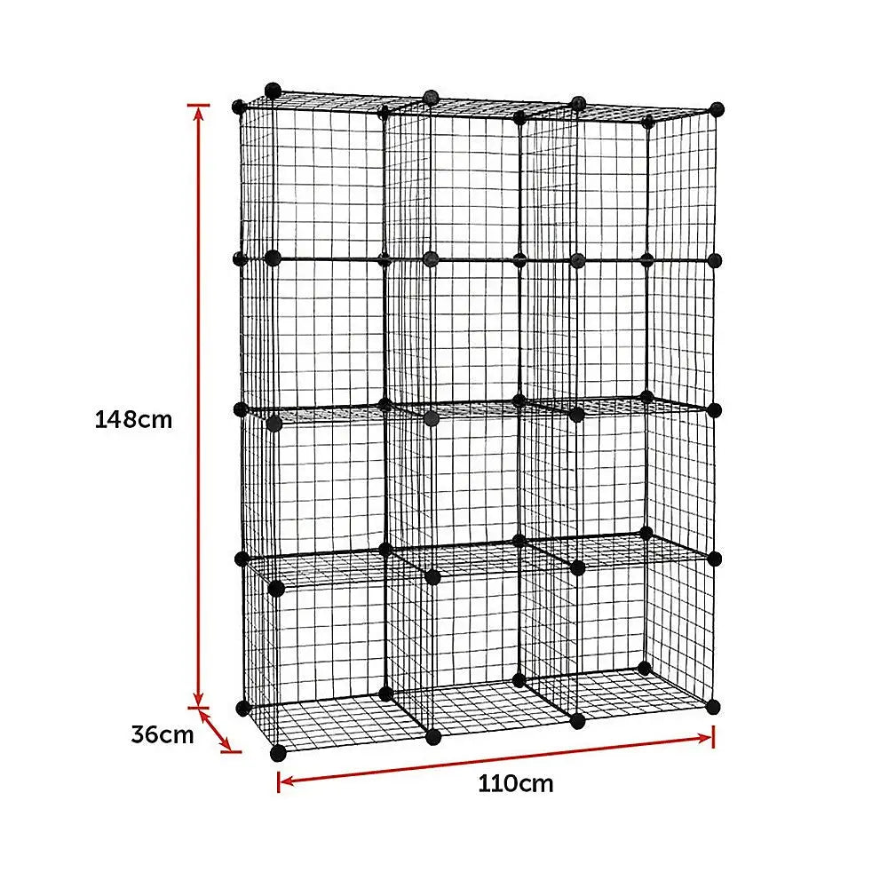 12 Cube Wire Grid Organiser Bookcase Storage Cabinet Wardrobe Closet Black - Furniture > Office