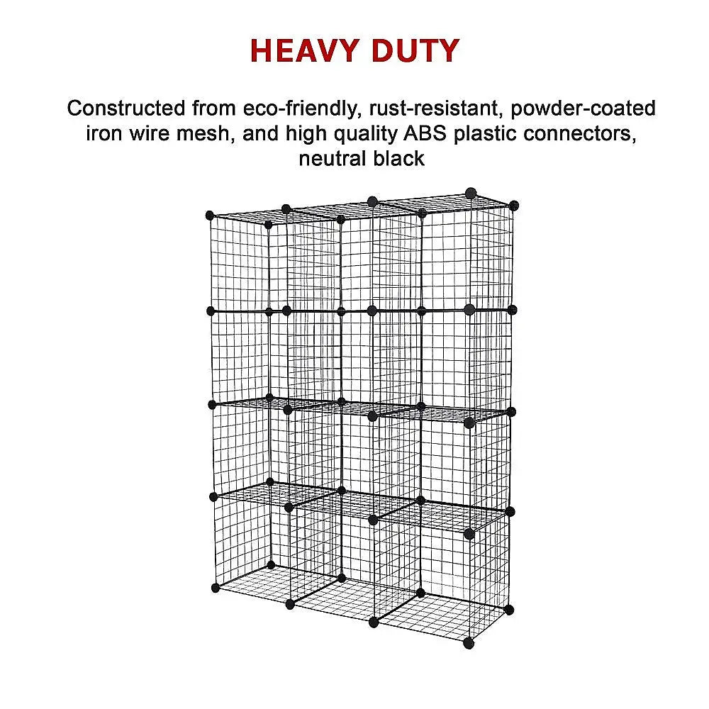 12 Cube Wire Grid Organiser Bookcase Storage Cabinet Wardrobe Closet Black - Furniture > Office