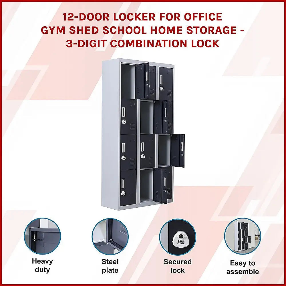 12-Door Locker for Office Gym Shed School Home Storage - 3-Digit Combination Lock - Furniture > Office