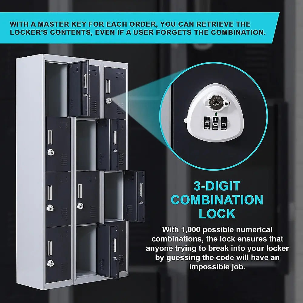 12-Door Locker for Office Gym Shed School Home Storage - 3-Digit Combination Lock - Furniture > Office