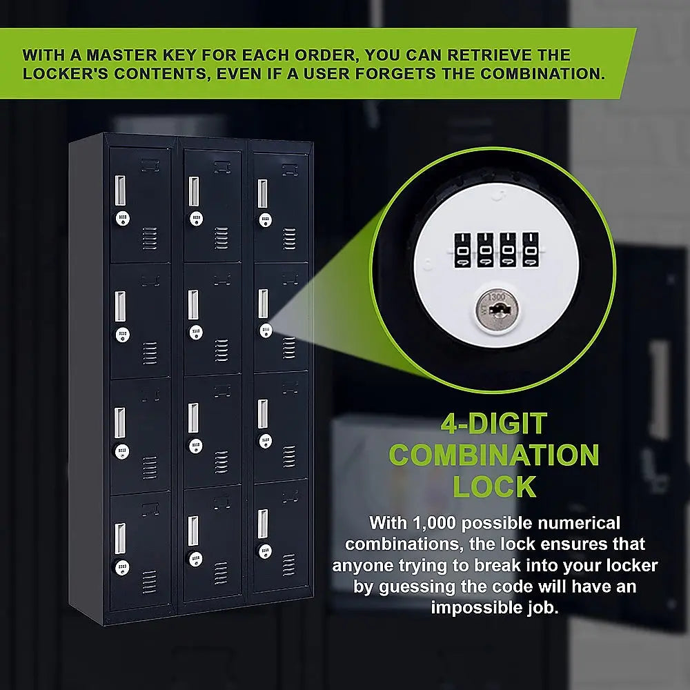 12-Door Locker for Office Gym Shed School Home Storage - 4-Digit Combination Lock - Furniture > Office