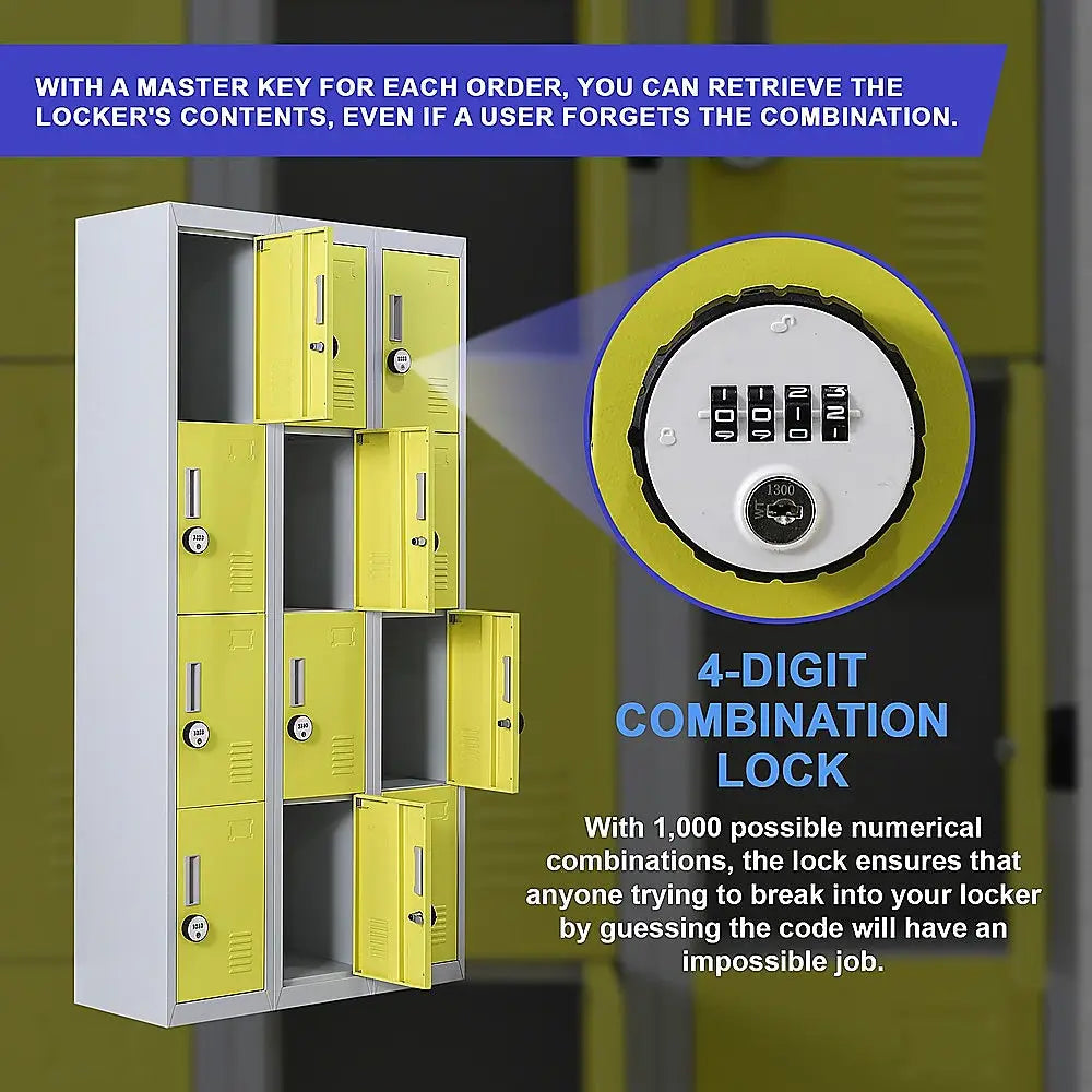 12-Door Locker for Office Gym Shed School Home Storage - 4-Digit Combination Lock - Furniture > Office