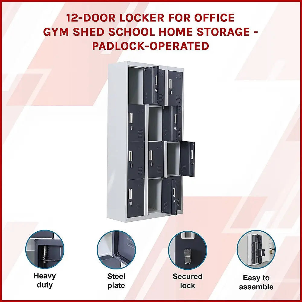12-Door Locker for Office Gym Shed School Home Storage - Padlock-operated - Furniture > Office