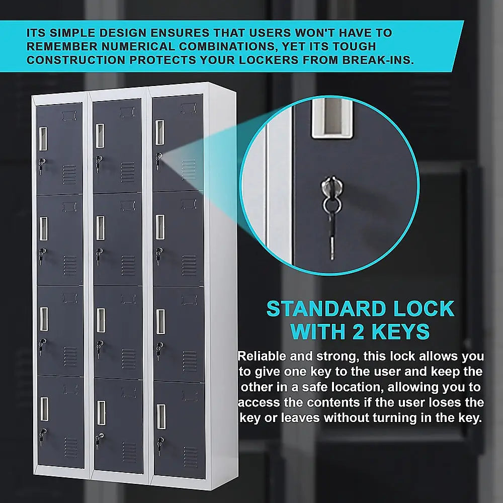 12-Door Locker for Office Gym Shed School Home Storage - Standard Lock with Keys - Furniture > Office
