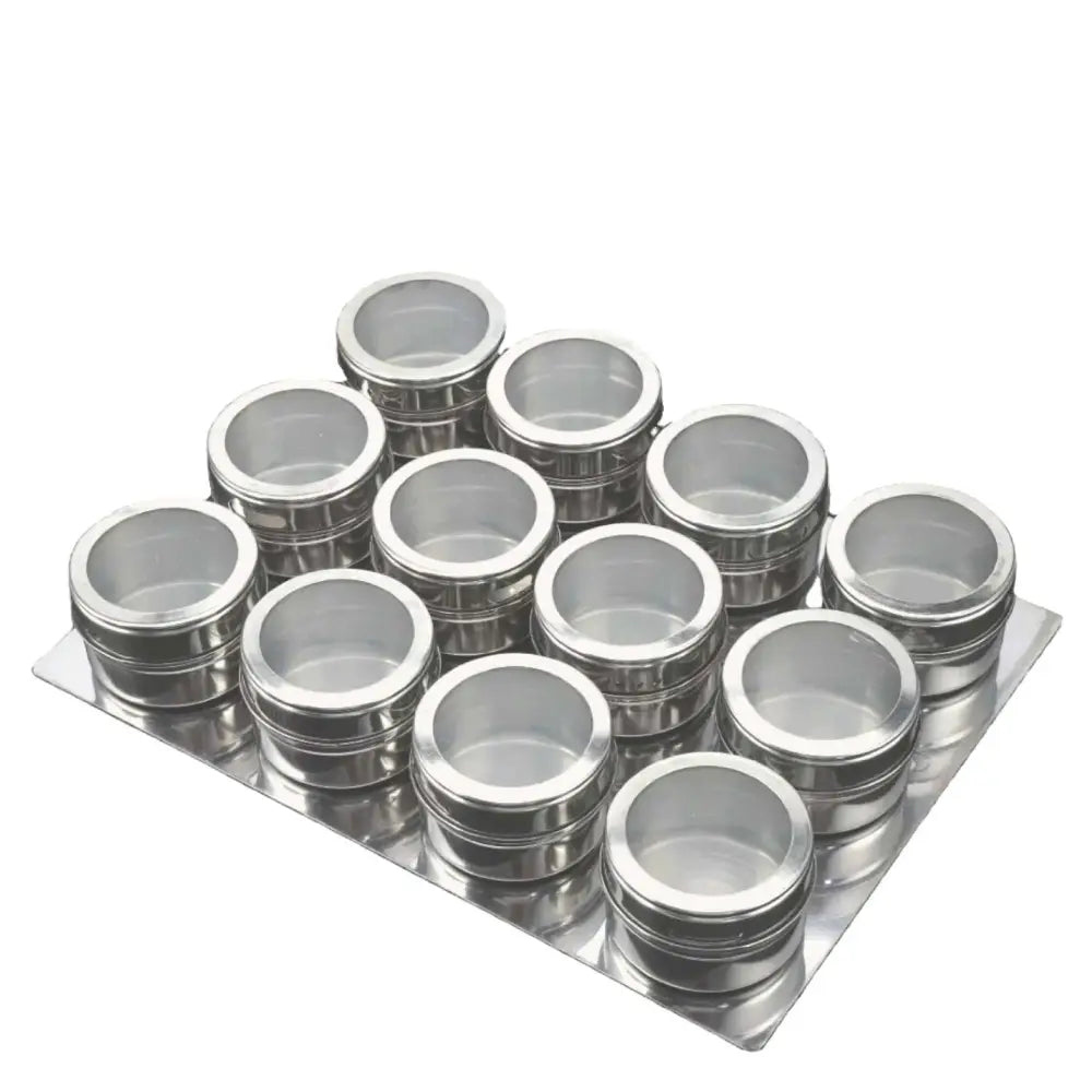 12 Magnetic Spice Jar Tins and Steel Plate - 150g Seasoning Storage Containers - Home & Garden > Kitchenware