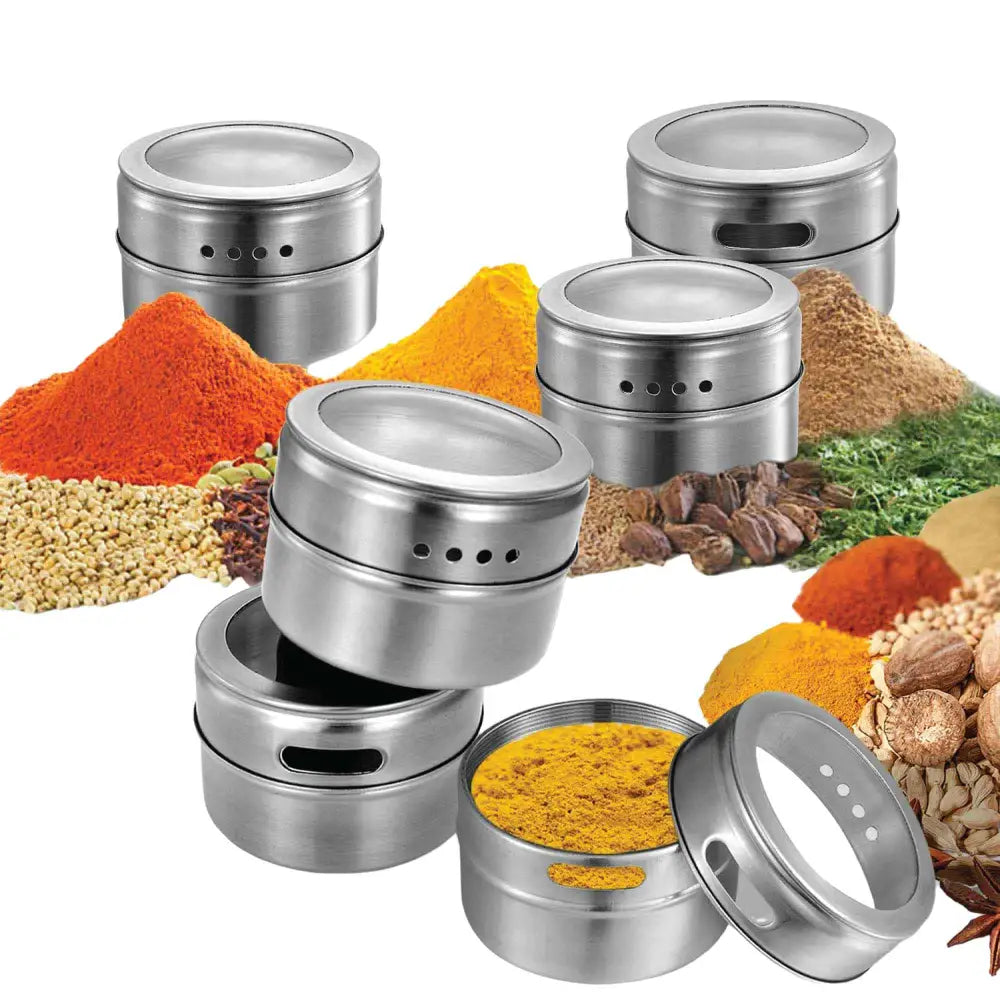 12 Magnetic Spice Jar Tins and Steel Plate - 150g Seasoning Storage Containers - Home & Garden > Kitchenware