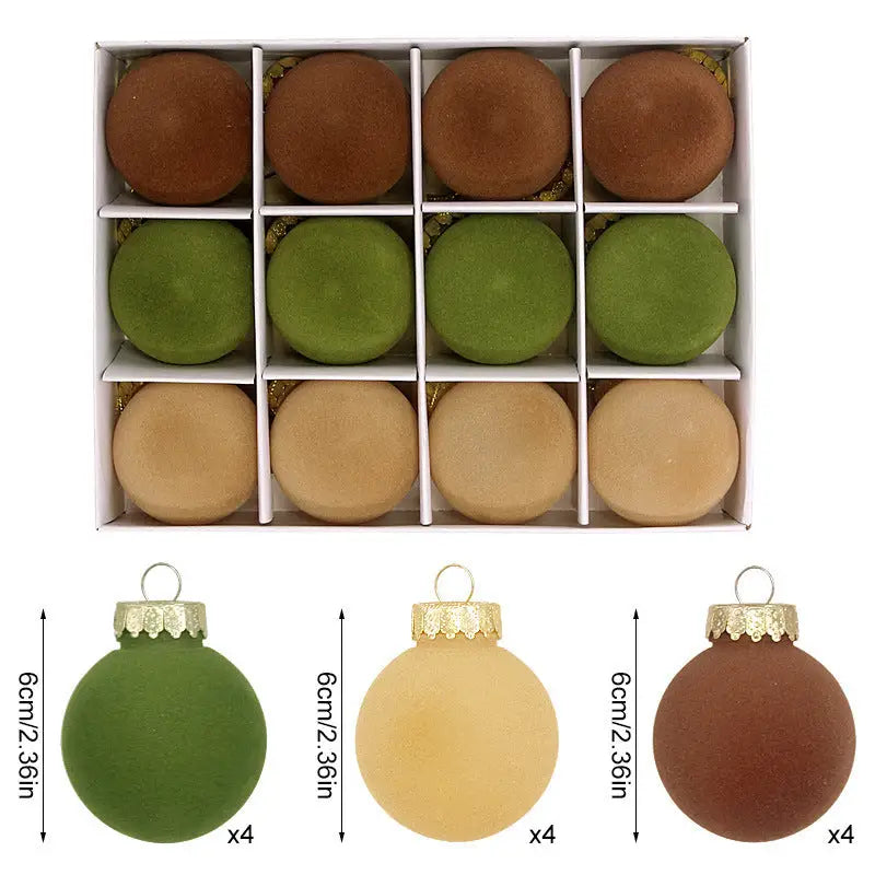 12-Piece Velvet Christmas Ornament Set - Classic Coffee Green and Brown Baubles for Holiday Tree Decoration (6cm)