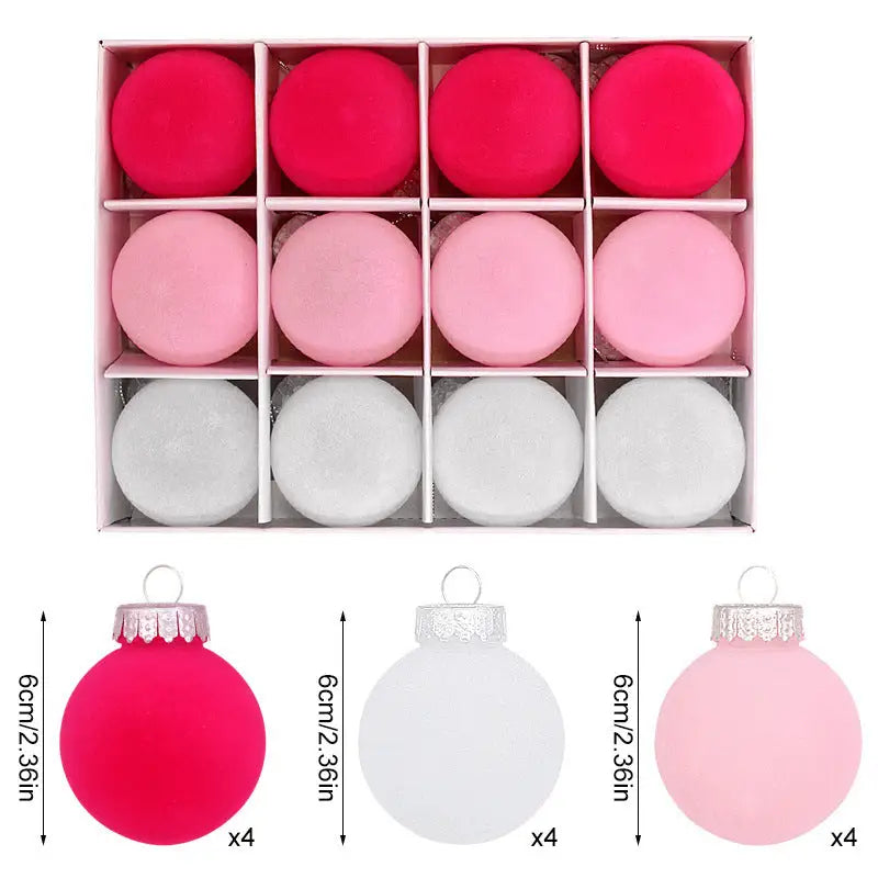 12-Piece Velvet Christmas Ornament Set - Classic Red Pink and White Baubles for Holiday Tree Decoration (6cm)