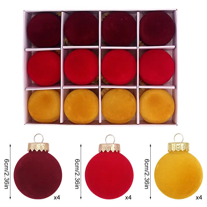 12-Piece Velvet Christmas Ornament Set - Classic Wine Red Red and Yellow Baubles for Holiday Tree Decoration (6cm)