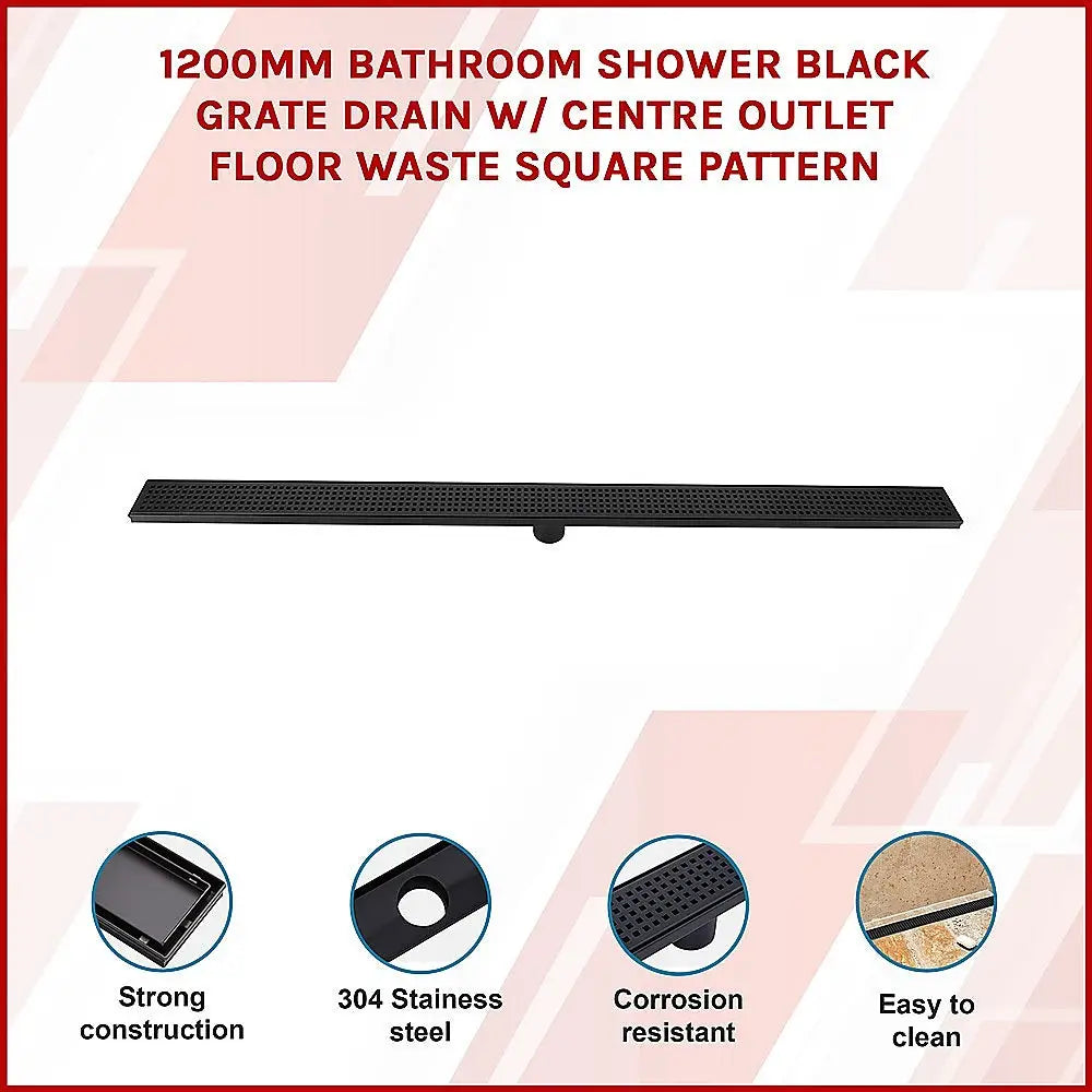 1200mm Bathroom Shower Black Grate Drain w/Centre outlet Floor Waste Square Pattern - Home & Garden > DIY > Kitchen &