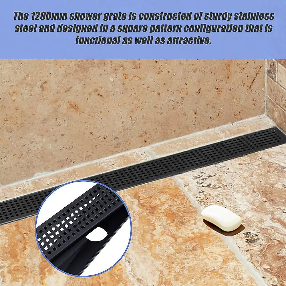 1200mm Bathroom Shower Black Grate Drain w/Centre outlet Floor Waste Square Pattern - Home & Garden > DIY > Kitchen &