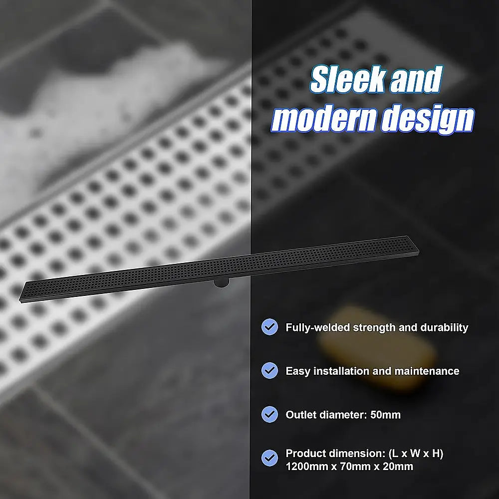1200mm Bathroom Shower Black Grate Drain w/Centre outlet Floor Waste Square Pattern - Home & Garden > DIY > Kitchen &
