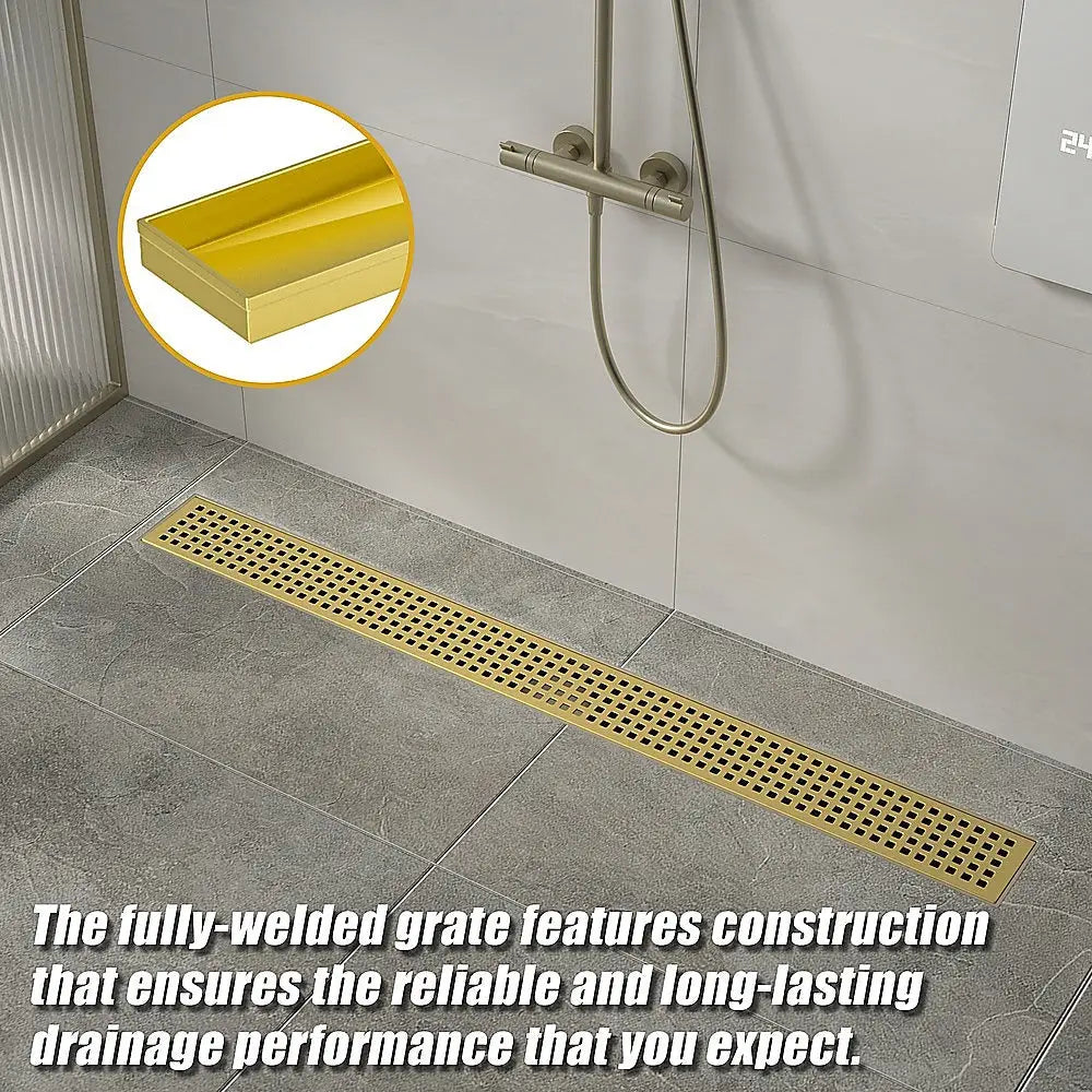 1200mm Bathroom Shower Brushed Brass Grate Drain w/ Centre outlet Floor Waste Square Pattern - Home & Garden > DIY >