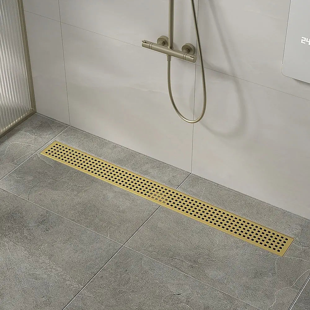 1200mm Bathroom Shower Brushed Brass Grate Drain w/ Centre outlet Floor Waste Square Pattern - Home & Garden > DIY >