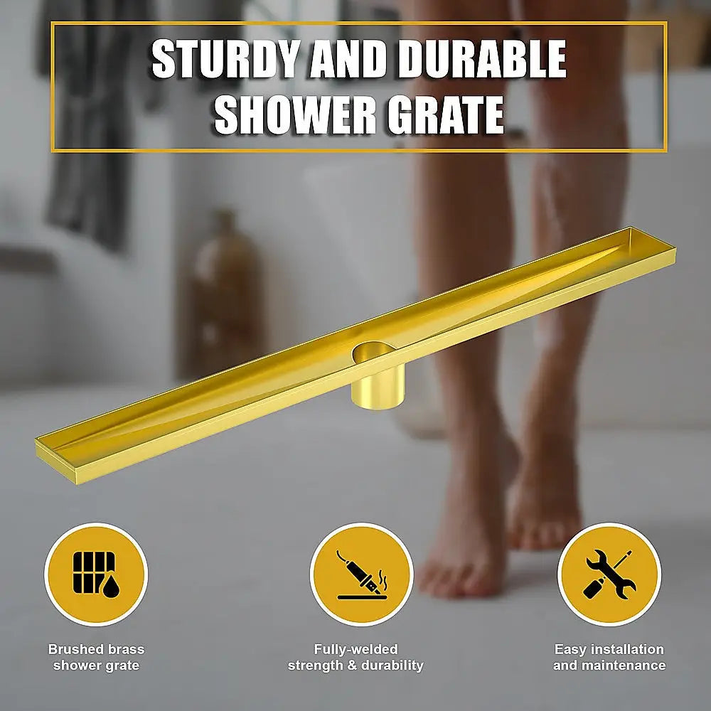 1200mm Bathroom Shower Brushed Brass Grate Drain w/ Centre outlet Floor Waste Square Pattern - Home & Garden > DIY >