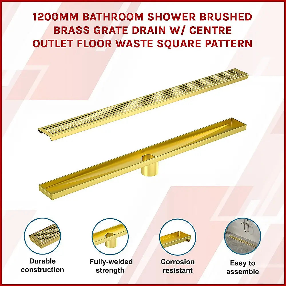 1200mm Bathroom Shower Brushed Brass Grate Drain w/ Centre outlet Floor Waste Square Pattern - Home & Garden > DIY >