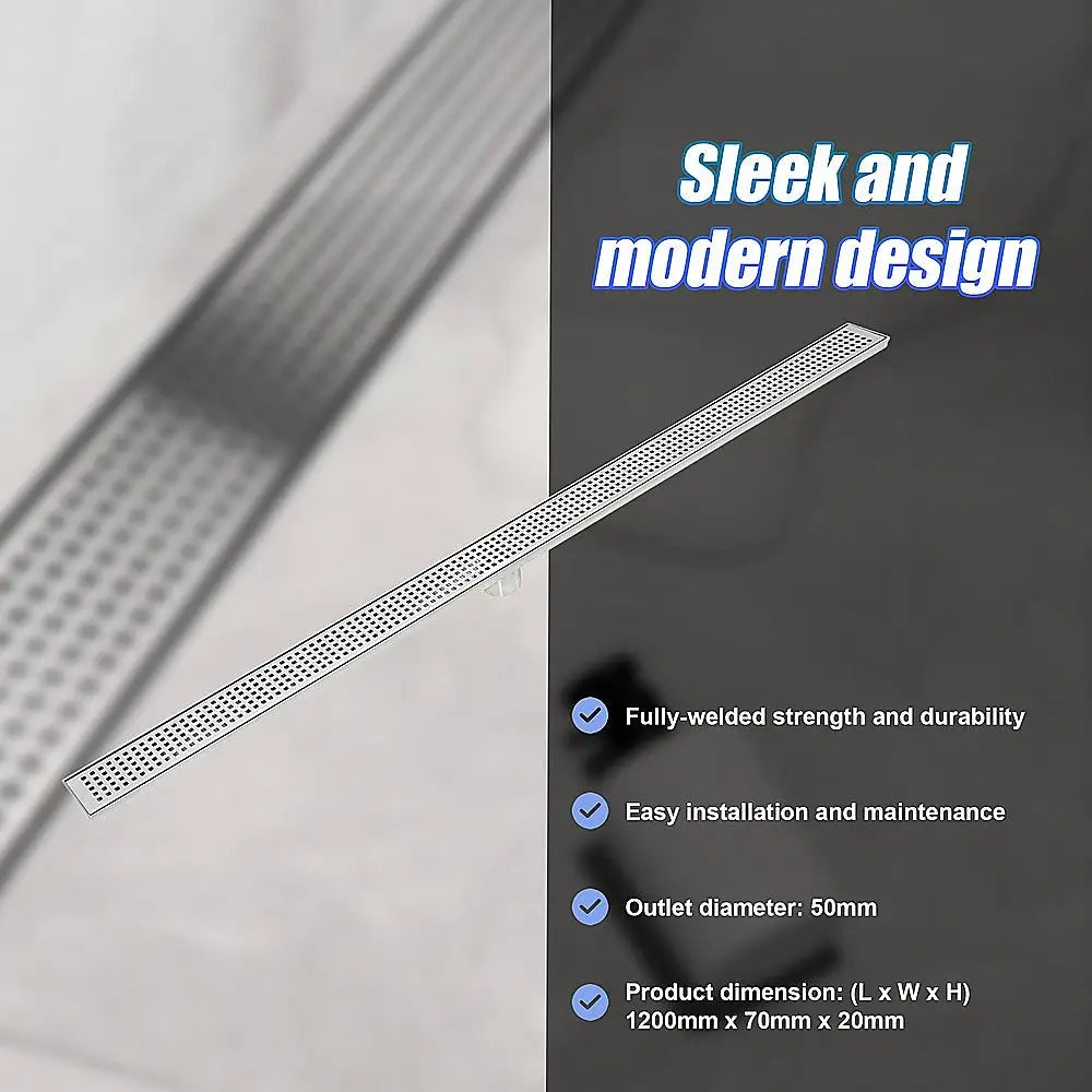 1200mm Bathroom Shower Stainless Steel Grate Drain w/Centre outlet Floor Waste Square Pattern - Home & Garden > DIY >