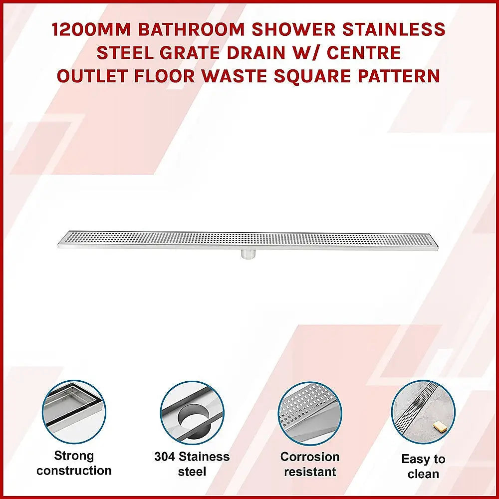 1200mm Bathroom Shower Stainless Steel Grate Drain w/Centre outlet Floor Waste Square Pattern - Home & Garden > DIY >