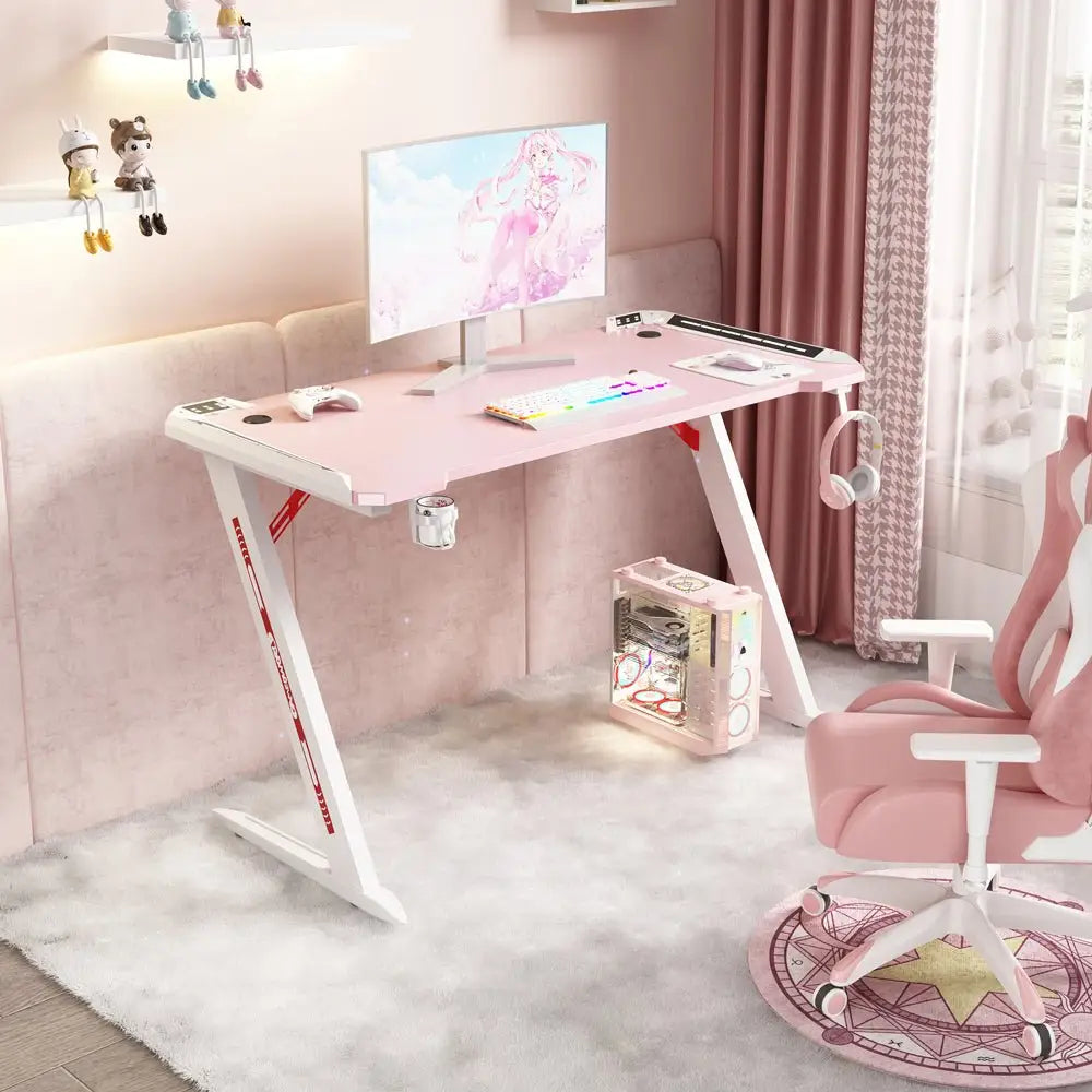 120cm RGB Gaming Desk Home Office Carbon Fiber Led Lights Game Racer Computer PC Table Z-Shaped Pink - Furniture >