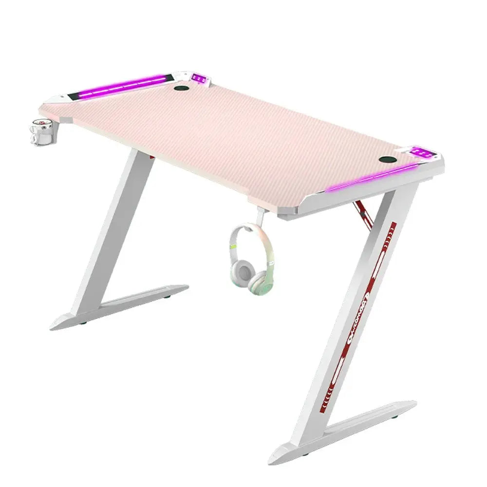 120cm RGB Gaming Desk Home Office Carbon Fiber Led Lights Game Racer Computer PC Table Z-Shaped Pink - Furniture >