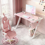 120cm RGB Gaming Desk Home Office Carbon Fiber Led Lights Game Racer Computer PC Table Z-Shaped Pink - Furniture >