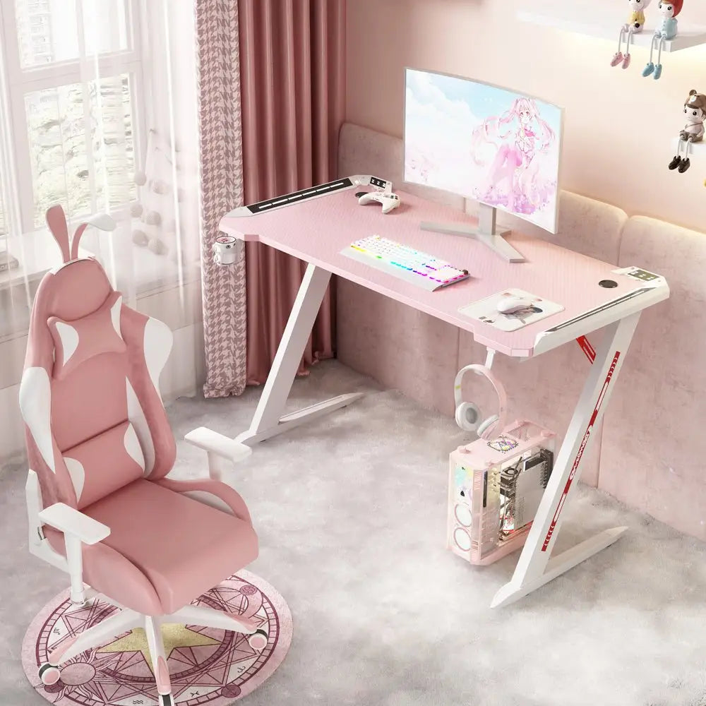 120cm RGB Gaming Desk Home Office Carbon Fiber Led Lights Game Racer Computer PC Table Z-Shaped Pink - Furniture >