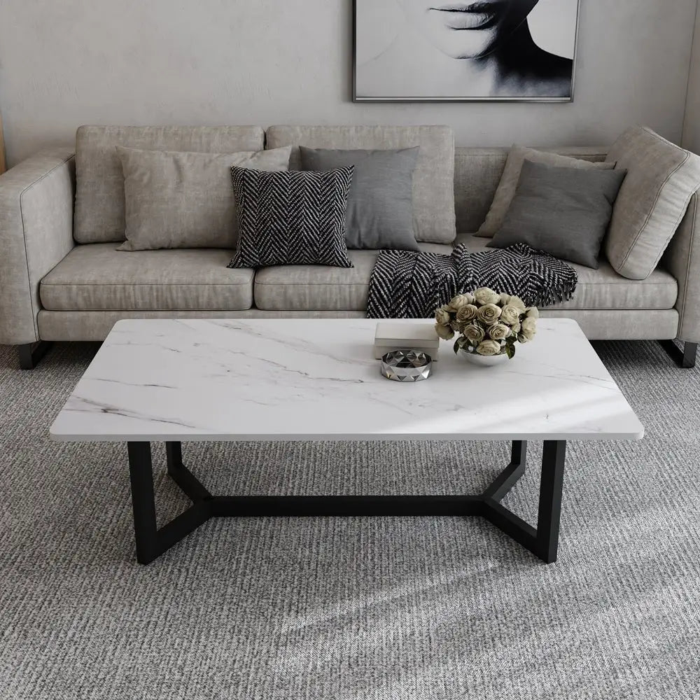 120x60cm Glossy White Minimalist Slate Coffee Table Marble Tea Table Living Room Rectangle Cocktail Side Table Solid