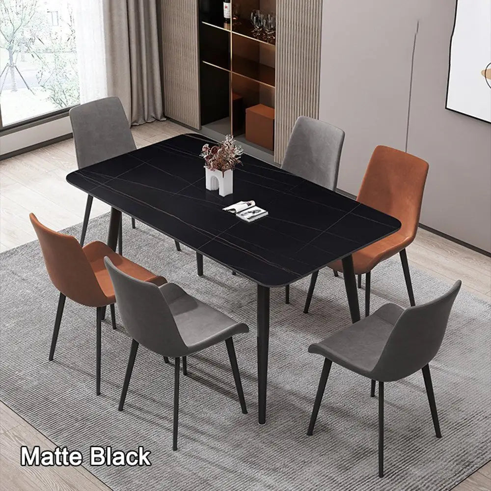120x60cm Matte Black Minimalist Slate Kitchen Dining Table Marble Lunch Dinner Table Solid Metal Legs - Furniture >