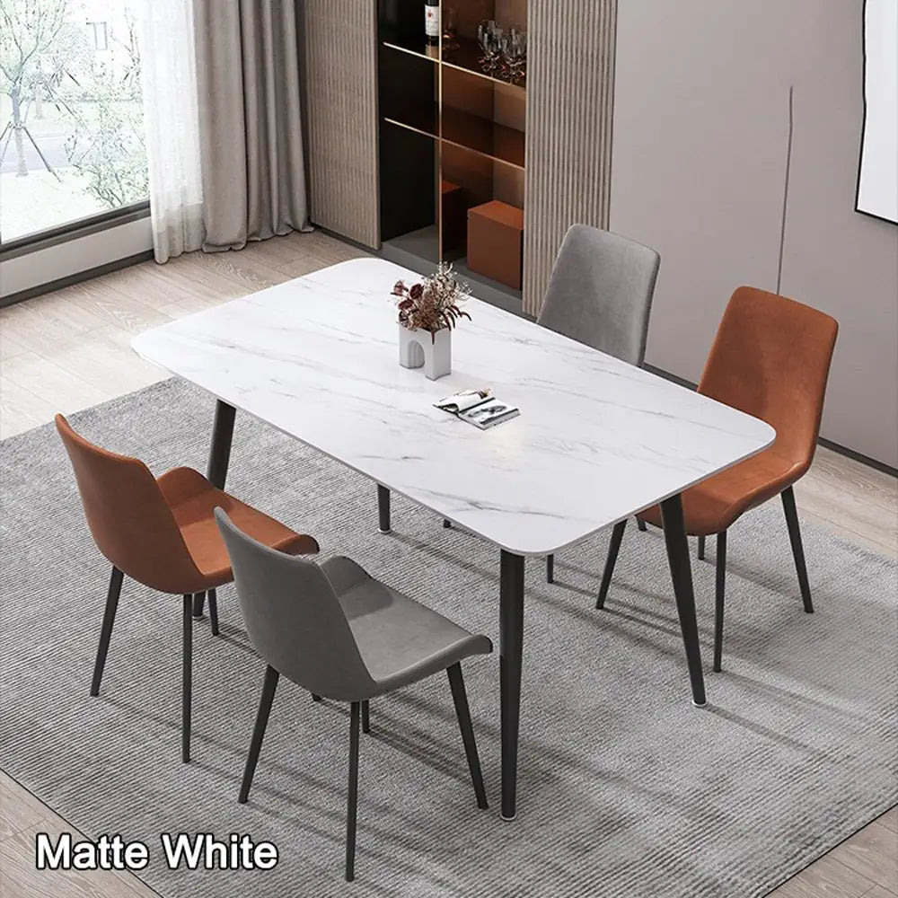 120x60cm Matte White Minimalist Slate Kitchen Dining Table Marble Lunch Dinner Table Solid Metal Legs - Furniture >
