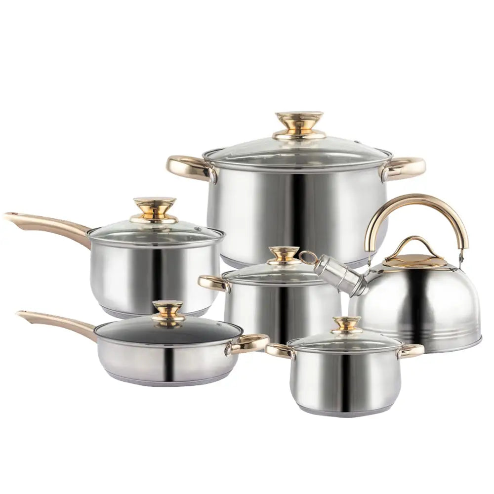 12Piece Cookware Set Kitchen Stainless Steel Stock Pot Pan Sets Saucepan Casserole - Home & Garden > Kitchenware
