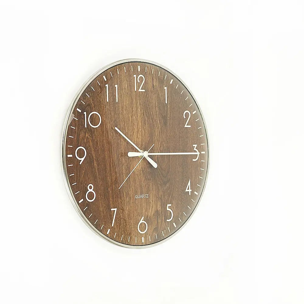 14-inch Round Wall Clock Silent Non-Ticking Quartz Battery Operated Wood Grain - Home & Garden > Decor