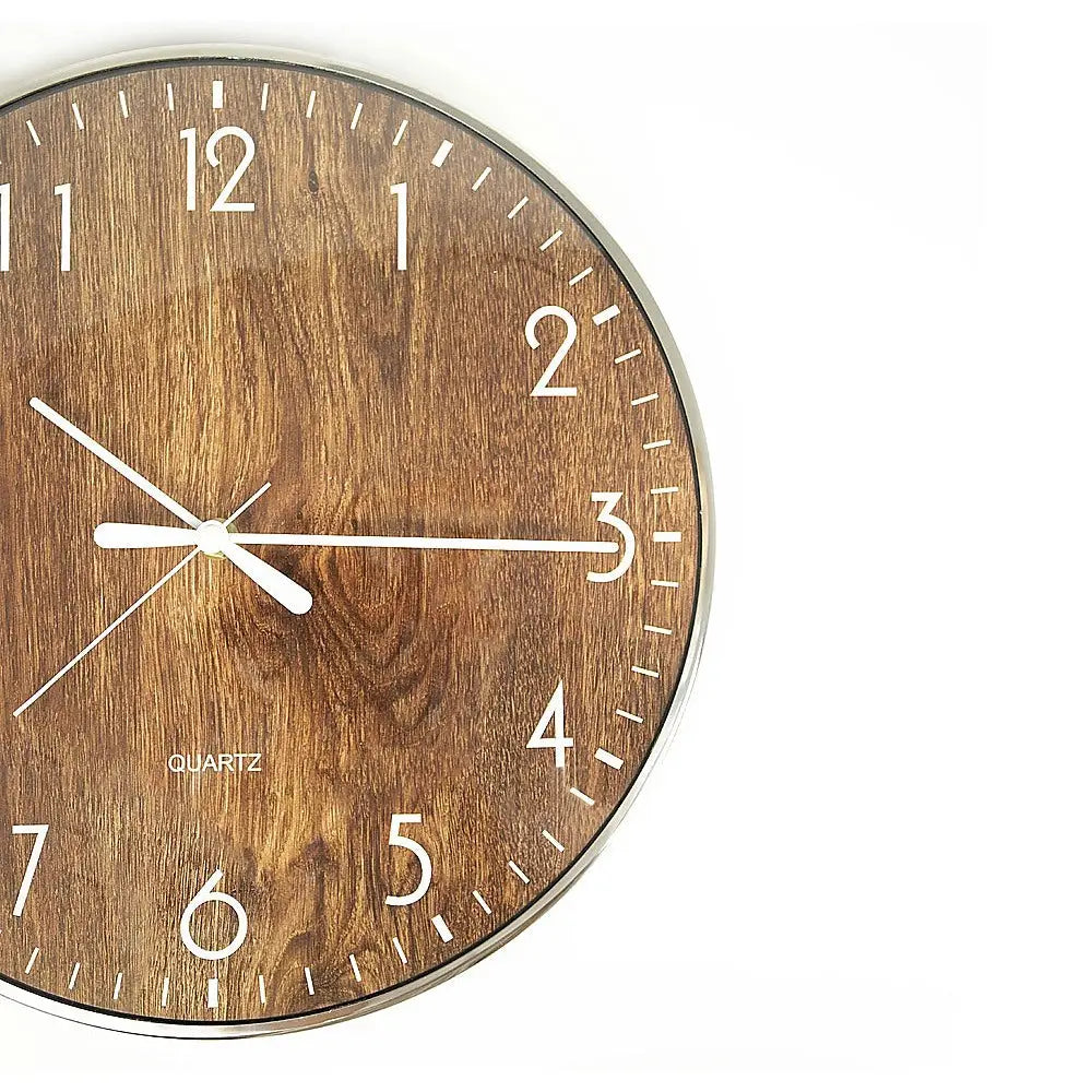 14-inch Round Wall Clock Silent Non-Ticking Quartz Battery Operated Wood Grain - Home & Garden > Decor