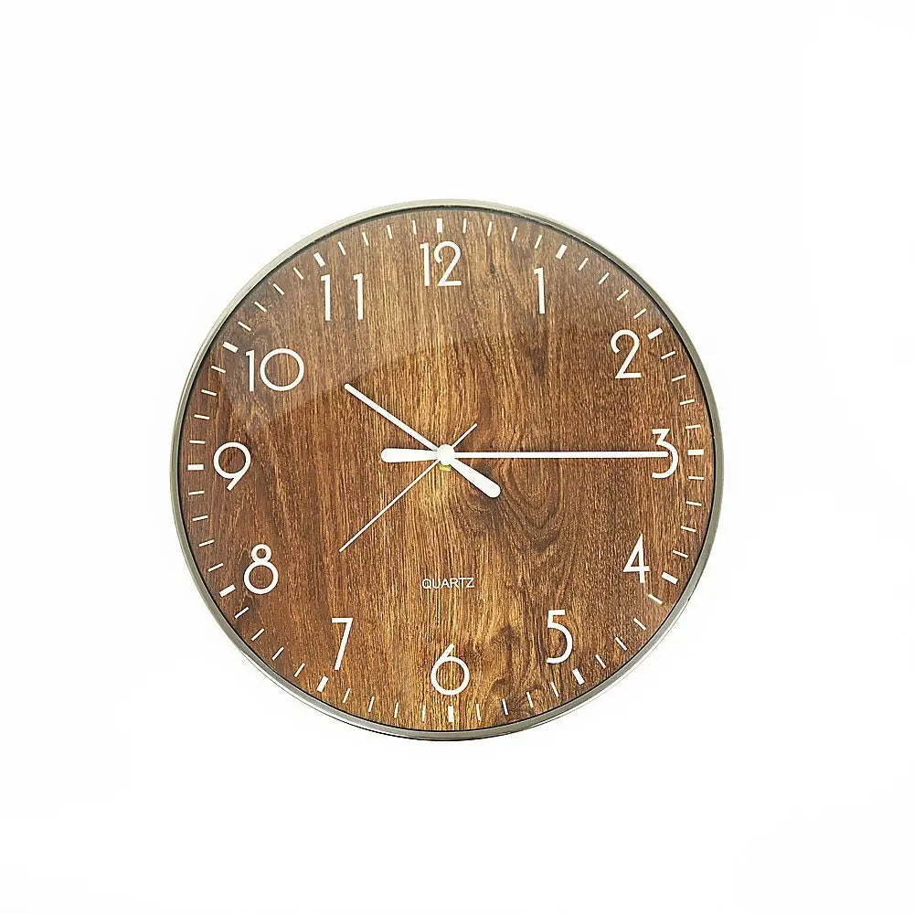 14-inch Round Wall Clock Silent Non-Ticking Quartz Battery Operated Wood Grain - Home & Garden > Decor
