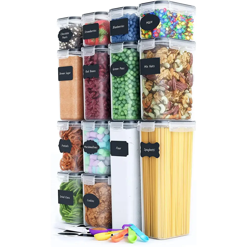 14 Pieces Airtight Food Storage Containers and BPA Free Plastic with Easy Lock Black Lids Labels for Kitchen - Home &