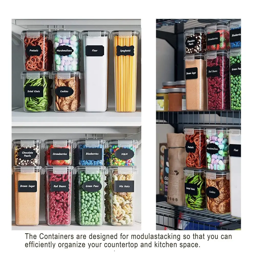 14 Pieces Airtight Food Storage Containers and BPA Free Plastic with Easy Lock Black Lids Labels for Kitchen - Home &