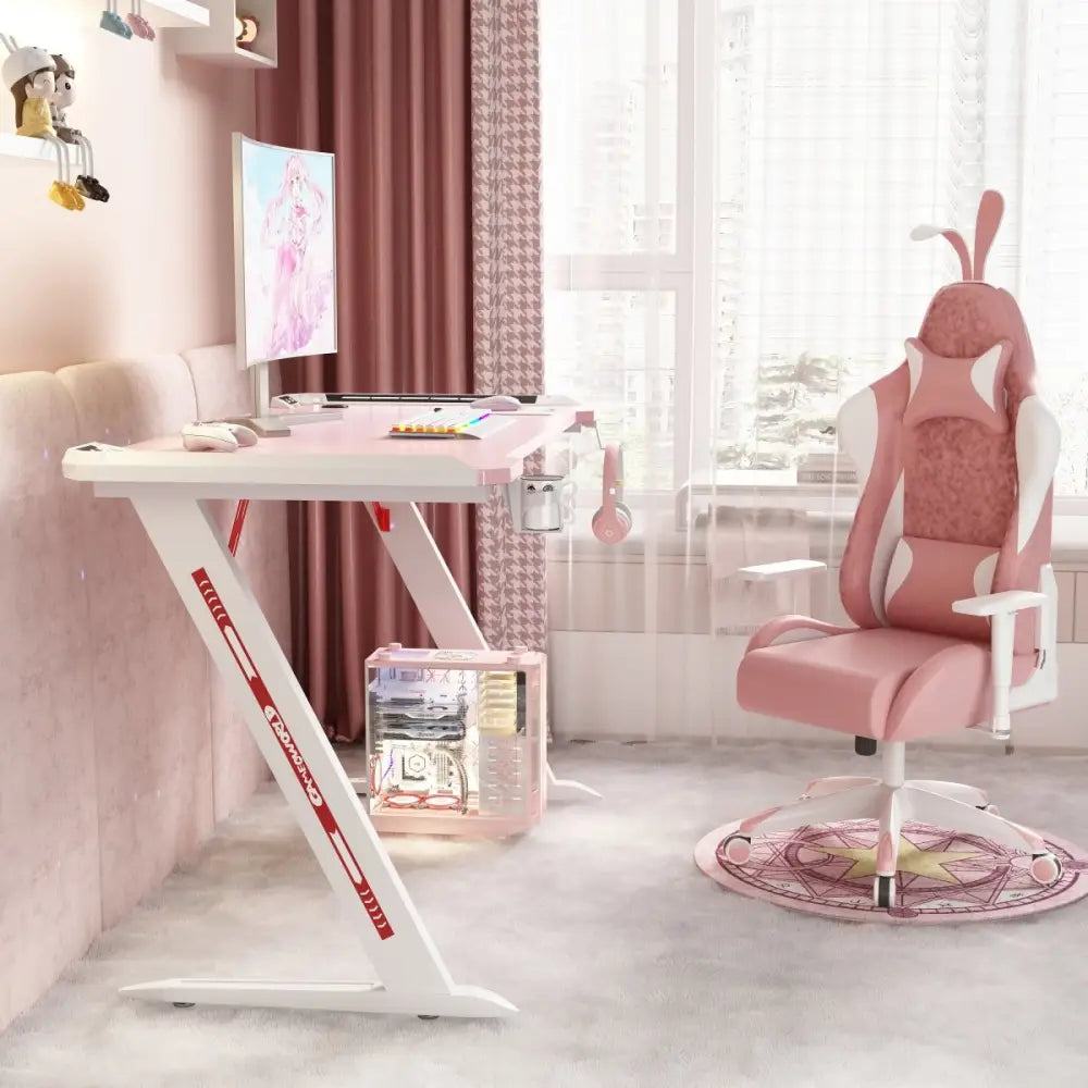 140cm RGB Gaming Desk Home Office Carbon Fiber Led Lights Game Racer Computer PC Table Z-Shaped Pink - Furniture >