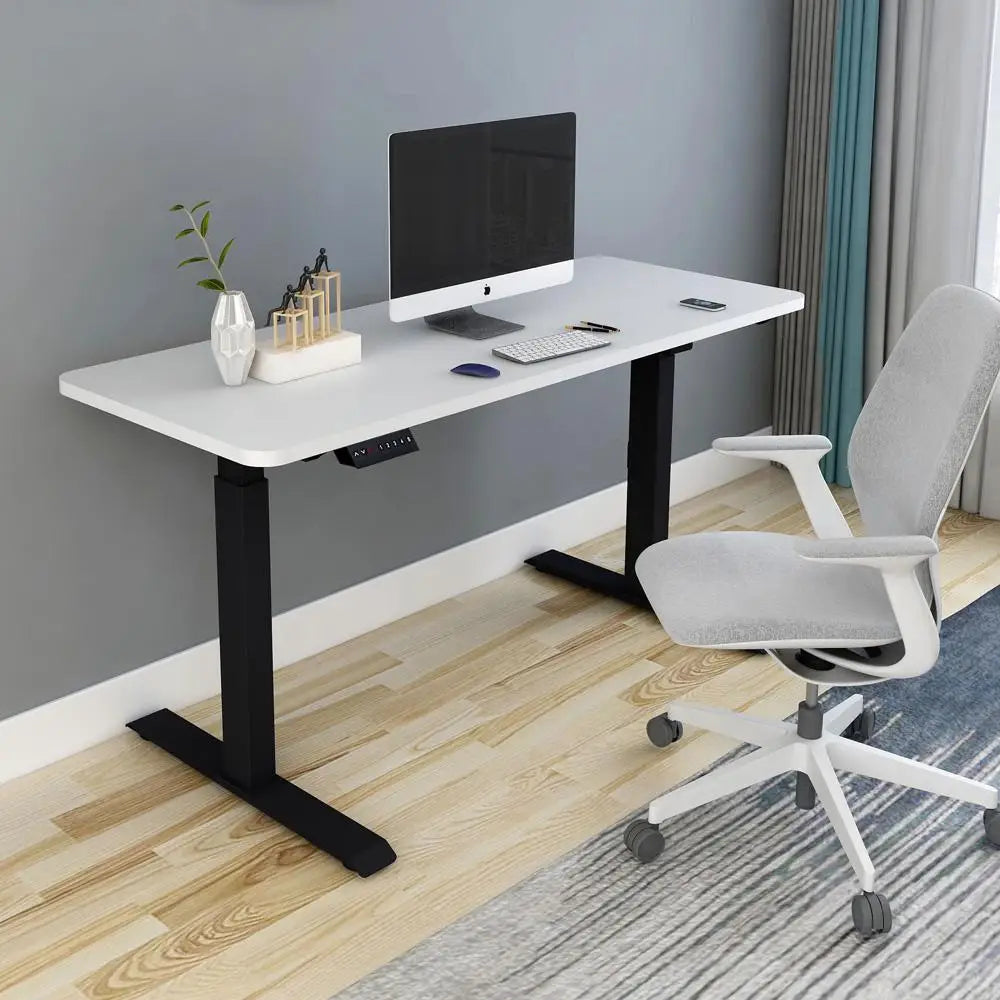 140cm Standing Desk Height Adjustable Sit Stand Motorised White Dual Motors Frame Black Top - Furniture > Office
