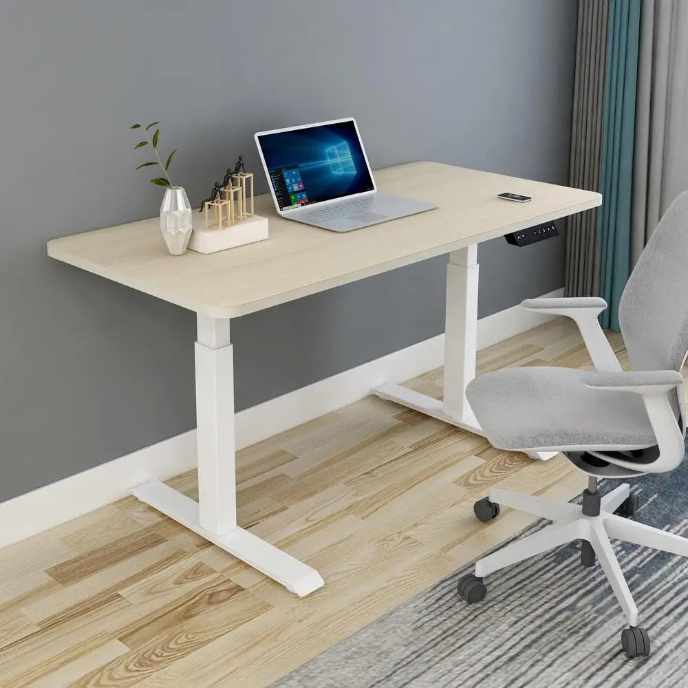 140cm Standing Desk Height Adjustable Sit Stand Motorised White Dual Motors Frame Black Top - Furniture > Office