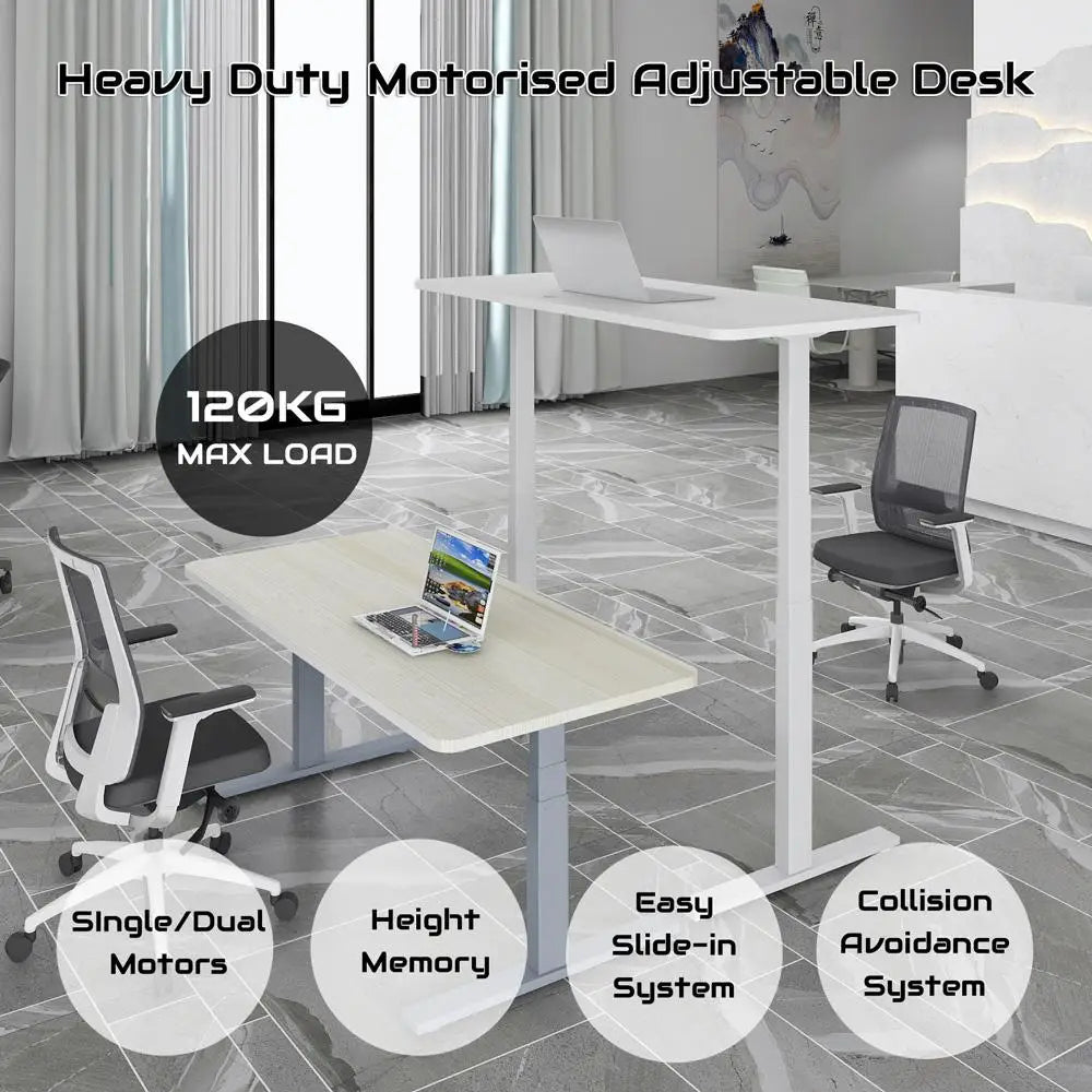 140cm Standing Desk Height Adjustable Sit Stand Motorised White Dual Motors Frame Black Top - Furniture > Office