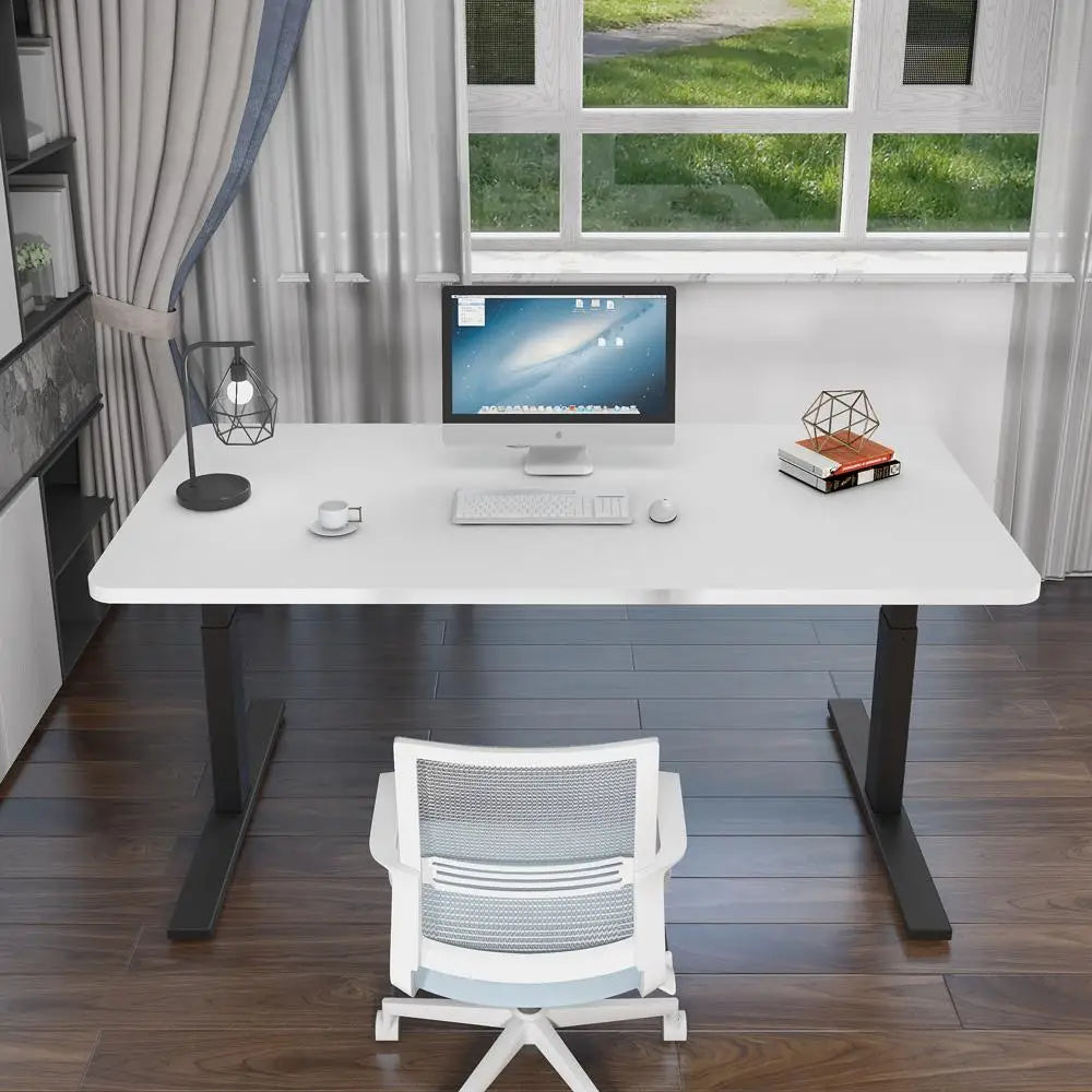 140cm Standing Desk Height Adjustable Sit Stand Motorised White Dual Motors Frame Black Top - Furniture > Office