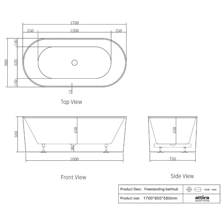 1500/1700*750/800*580mm INS OTTI Noosa Gloss/Matt White Oval Acrylic Freestanding Bathtub - Furniture > Bathroom >