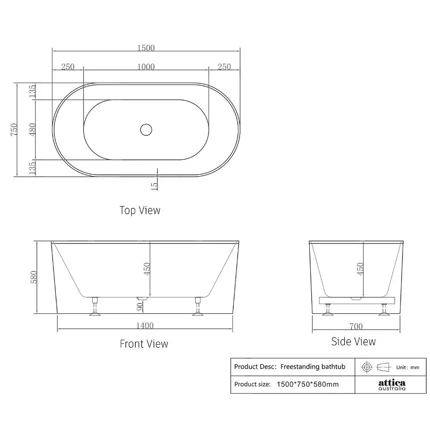 1500/1700*750/800*580mm INS OTTI Noosa Gloss/Matt White Oval Acrylic Freestanding Bathtub - Furniture > Bathroom >