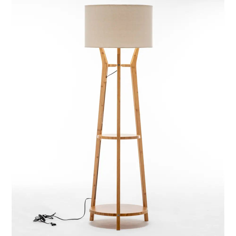 168cm Large Bamboo Wooden Tripod Floor Lamp Light Modern Linen Shade w Shelves - Home & Garden > Lighting > Floor Lamps
