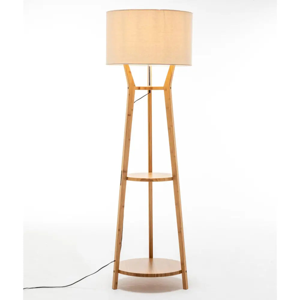 168cm Large Bamboo Wooden Tripod Floor Lamp Light Modern Linen Shade w Shelves - Home & Garden > Lighting > Floor Lamps