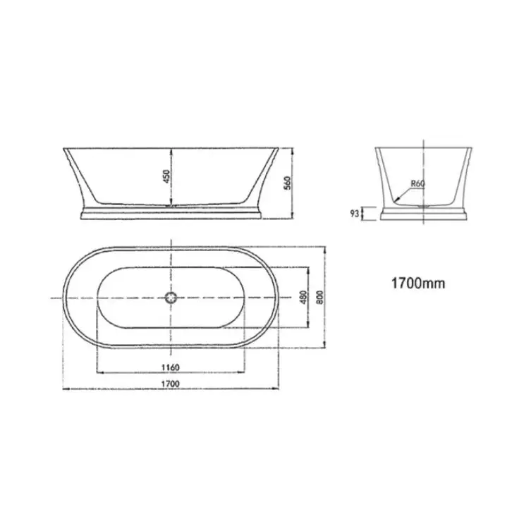1700*800*560mm Hampton 1700 NF and Gloss White Freestanding Bathtub - Furniture > Bathroom > Bathtubs