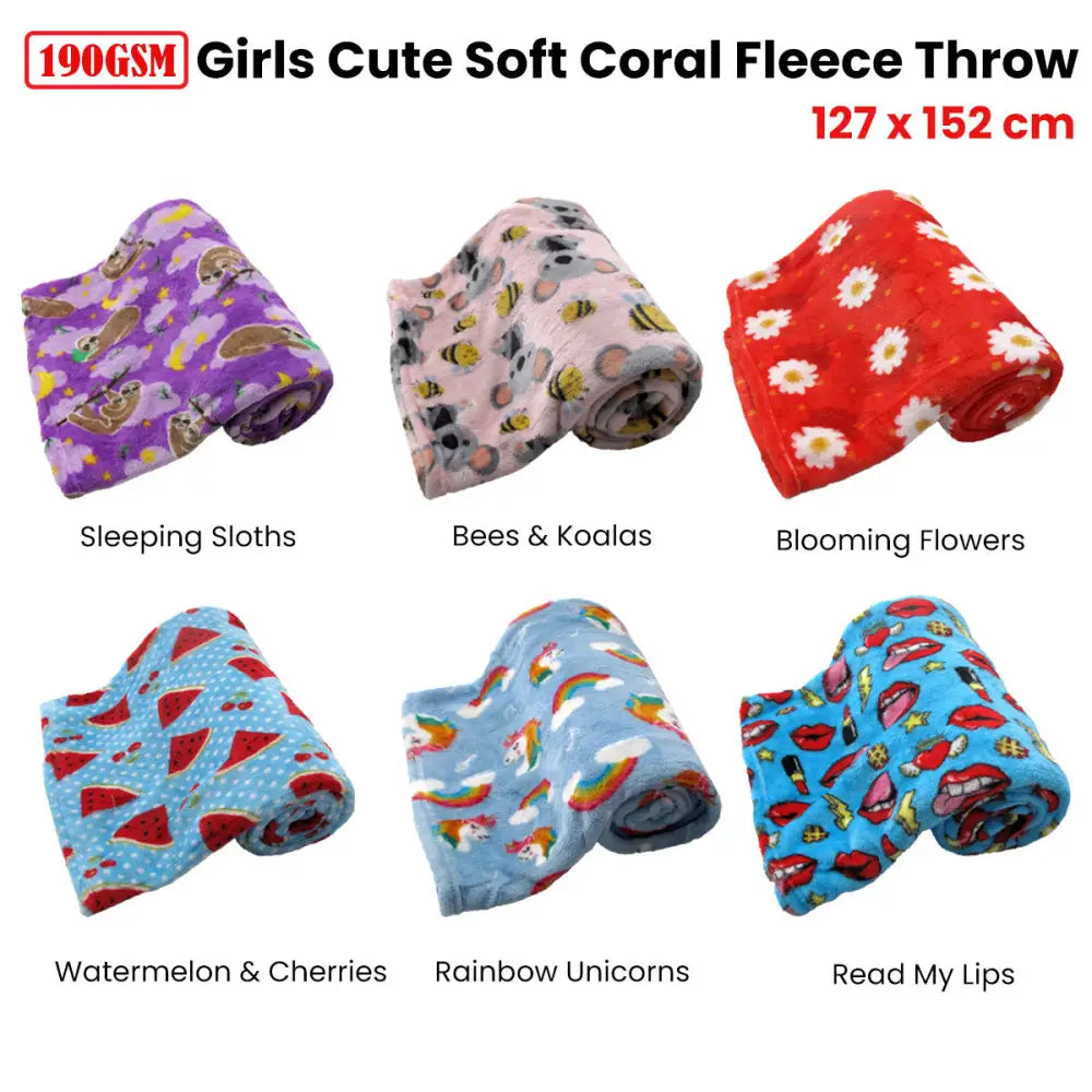 190GSM Girls Cute Ultra Soft Coral Fleece Throw 127 x 152cm Rainbow Unicorns - Home & Garden > Bedding
