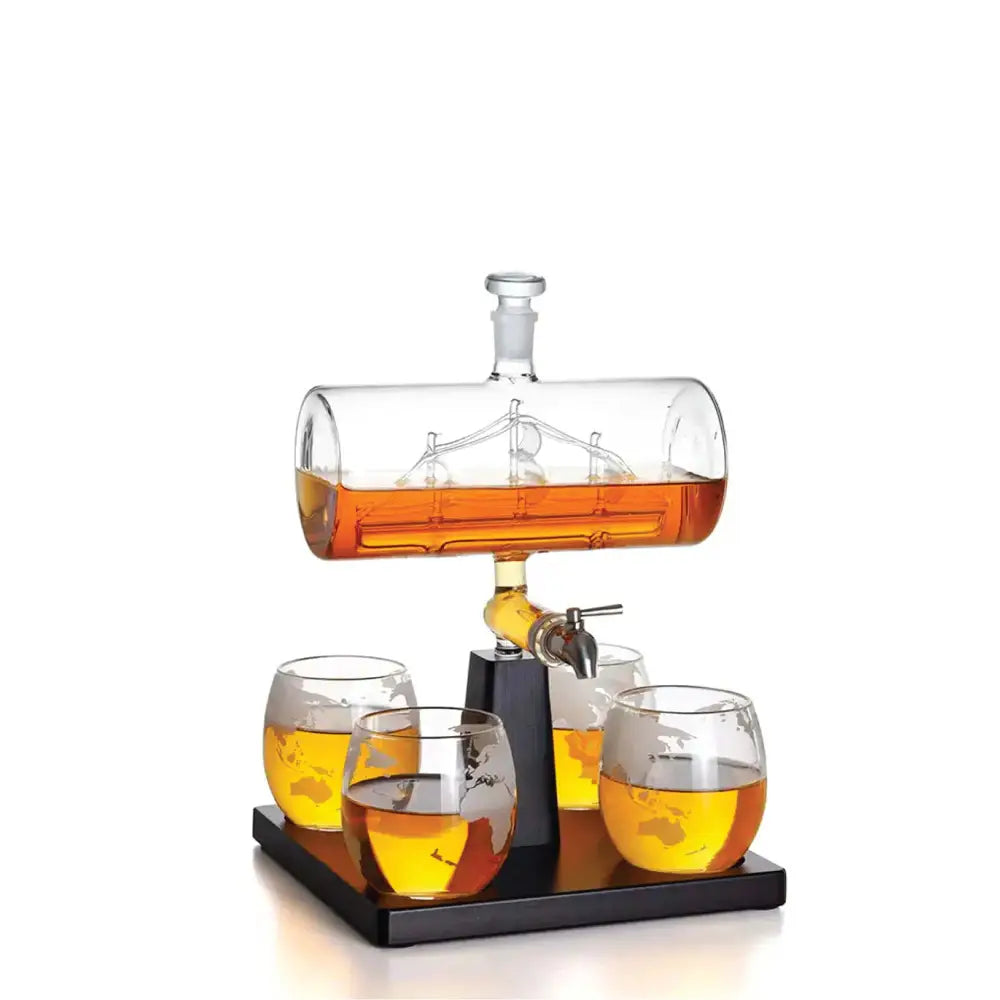 1L Whiskey or Wine Sailboat Glass Decanter Set - 4x Globe Glasses + Wooden Stand - Home & Garden > Decor > Vases &